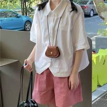 日系学院风白色短袖衬衫2023夏季新款娃娃领短款衬衣甜美上衣女