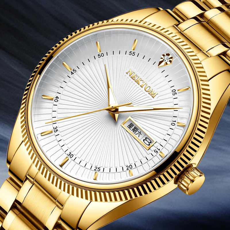 耐顿nektom双日历三针实心钢带男士手表30米防水夜光全金男表批发
