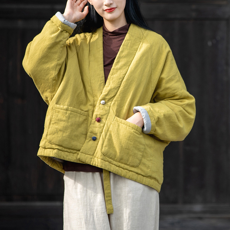 2021秋冬新品棉麻女装文艺复古盘扣夹棉上衣女式亚麻保暖短款棉衣