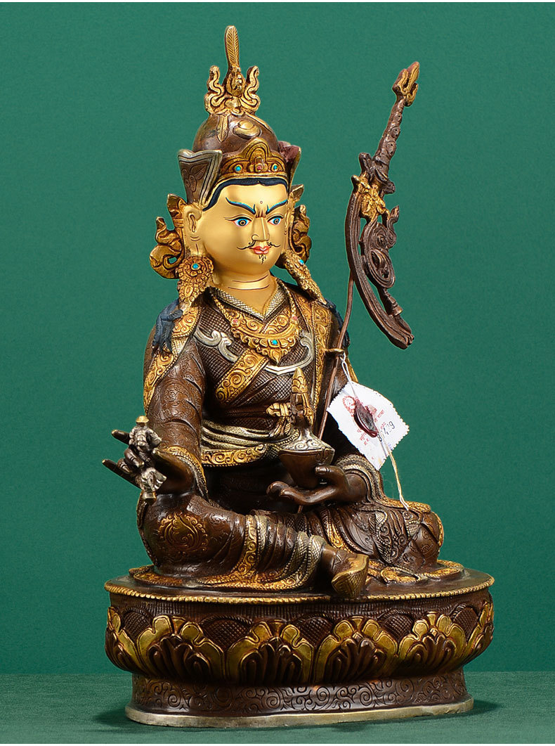 莲花生大士佛像 尼泊尔紫铜鎏金银 密宗家居供奉莲师像摆件