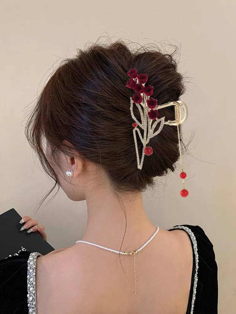 植绒花朵抓夹铃兰花流苏盘发抓夹发饰鲨鱼夹后脑勺头发夹珍珠发夹