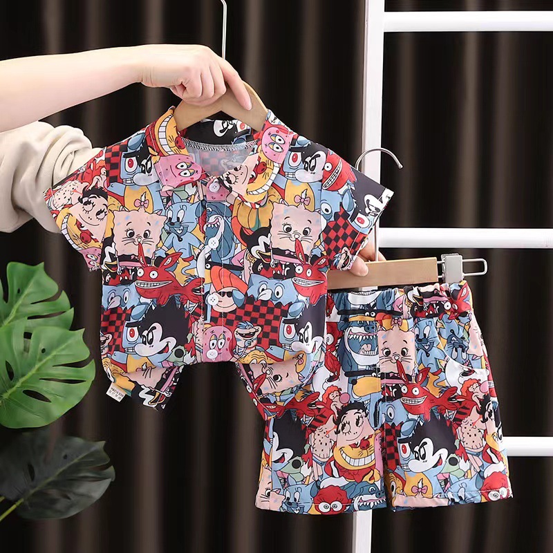 Summer Boys' Short-Sleeved Shorts Suit Printed Handsome Collar Shirt Fashionable Two-Piece for Boys Clothes