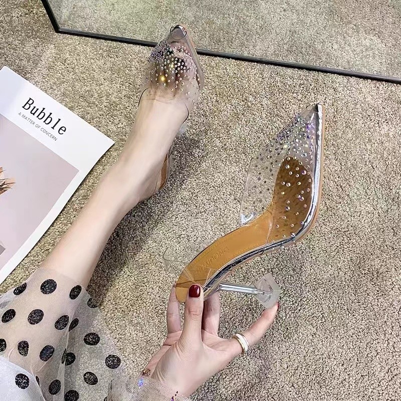 Wholesale Transparent Sandals 2023 New Sexy Stiletto Heel Size 3543 Pointed Toe Rhinestone High Heel Crystal Shoes Summer Fairy Tide