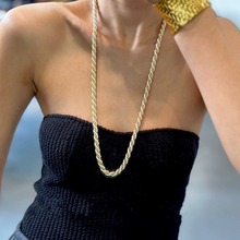 欧美小众设计粗麻花长链珍珠缠绕项链18k镀金时尚双层叠戴毛衣链