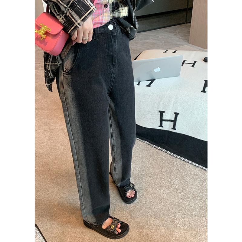   Gradient Contrast Jeans Autumn and Winter New Women's High Waist oose and Slimming Korean Style Straight Velvet Drooping Wide-eg Pants