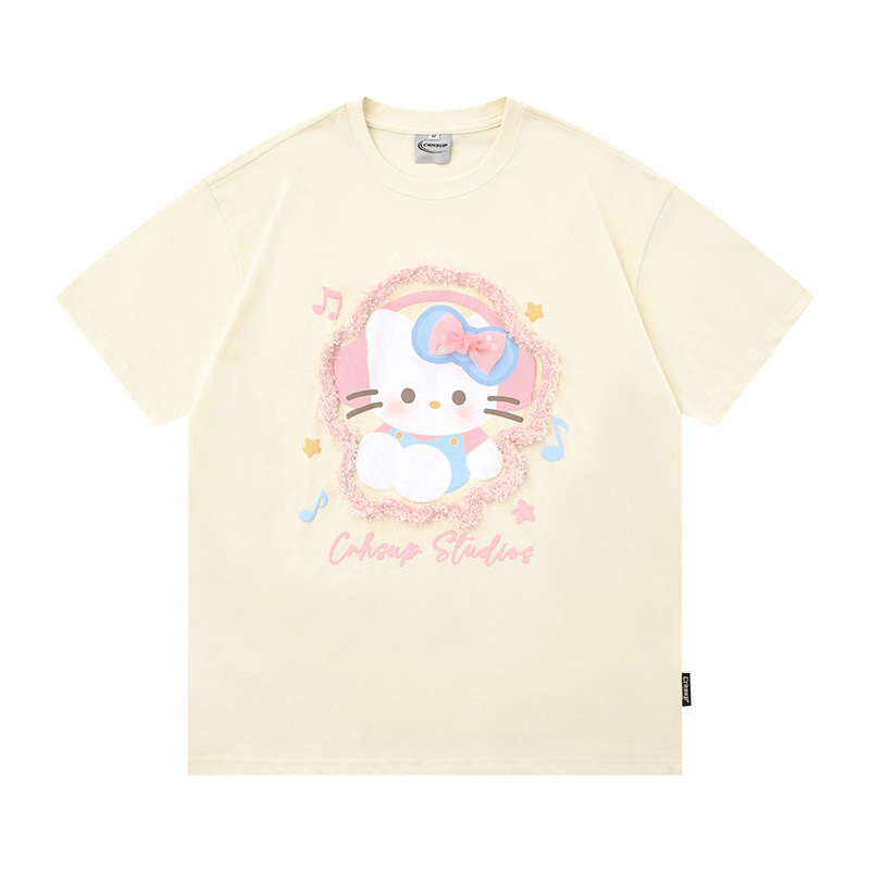 美式可爱麻绳kitty猫短袖t恤男女夏季新款学生情侣半袖设计感上衣