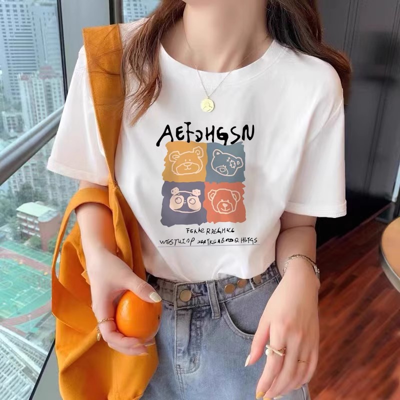 New Summer Heavy Cotton Short-Sleeved T-shirt Women's Simple Loose Popular Inner Wear Blouse Fashion Brand Printing Half-Sleeved T-shirt Women Clothes