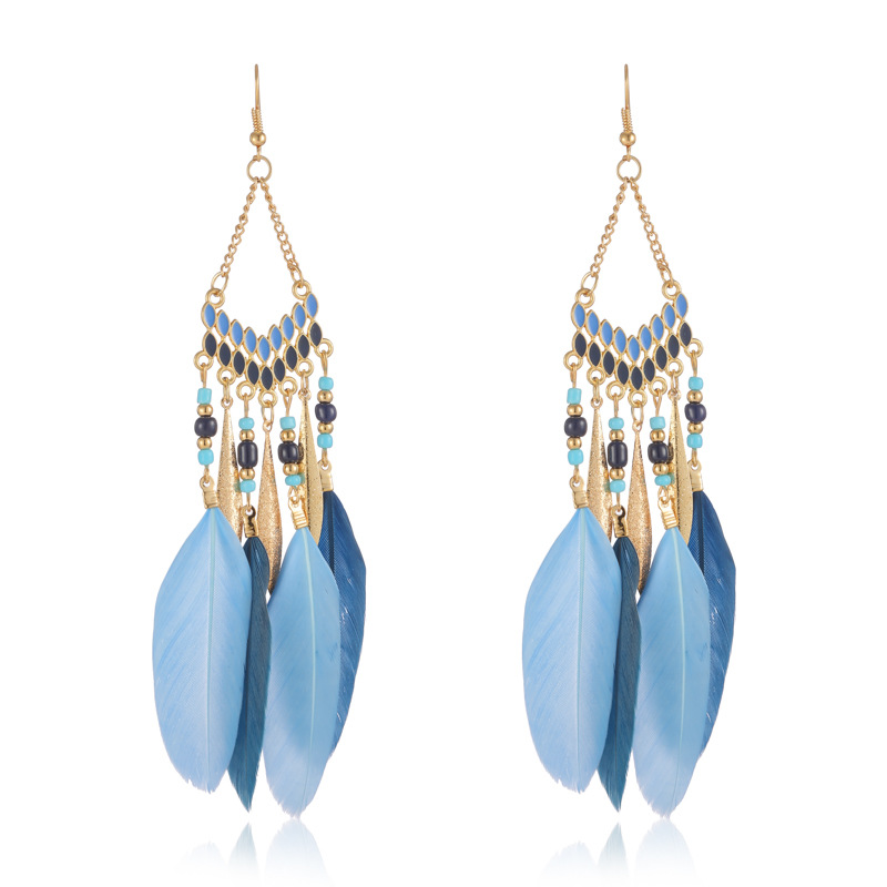 Amazon Sources Light Blue Fan-Shaped Tassel Feather Earrings Women's Long Bohemian Bead European and American Earrings Wholesale