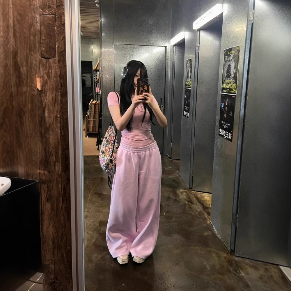 美式辣妹粉色高腰阔腿卫裤女春夏慵懒宽松休闲百搭拖地运动长裤女