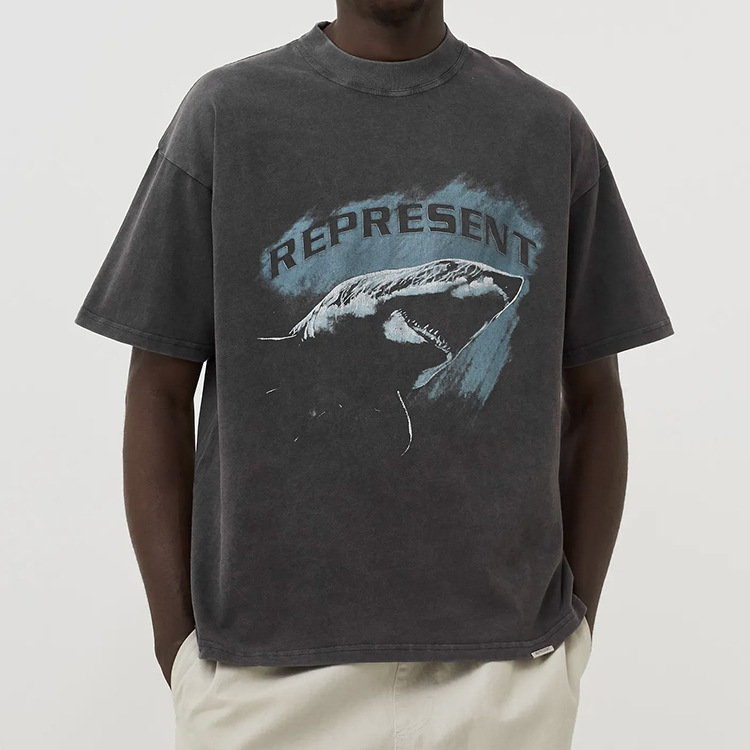 represent rep大白鲨印花复古水洗做旧高街宽松休闲百搭短袖t恤男