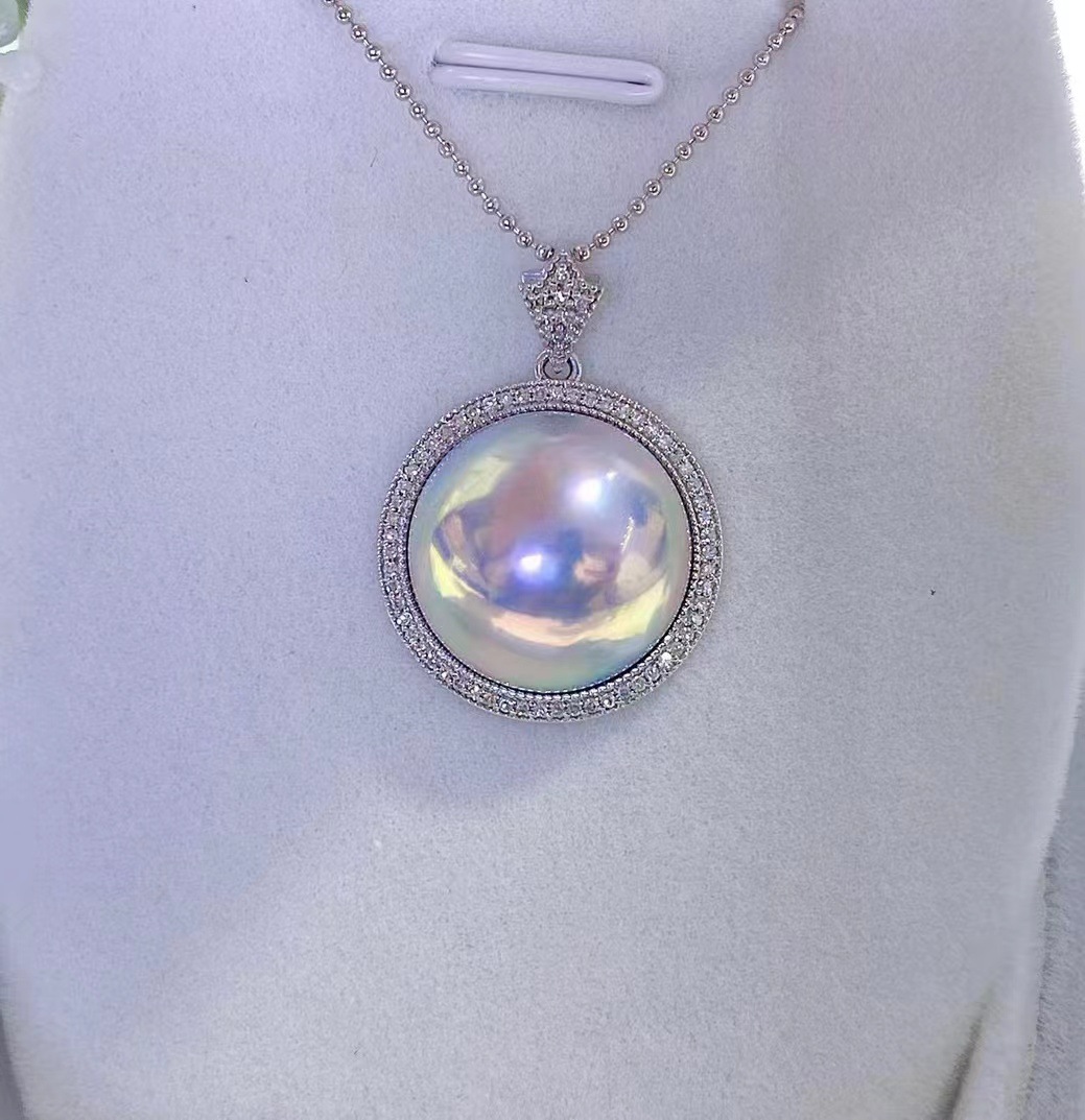 18-19mm日本海水蓝色马贝珍珠吊坠18k金镶嵌钻石0.25ct 不含链