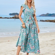 现货跨境新品欧美印花束腰绑带V领短袖连衣裙波西米亚度假沙滩裙