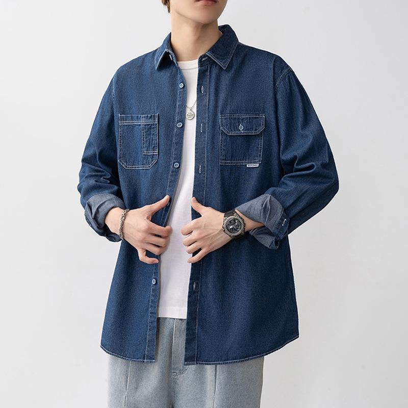 蓝色系极简风韩国复古牛仔衬衫男 春季宽松bf长袖衬衣 牛仔衬衫男