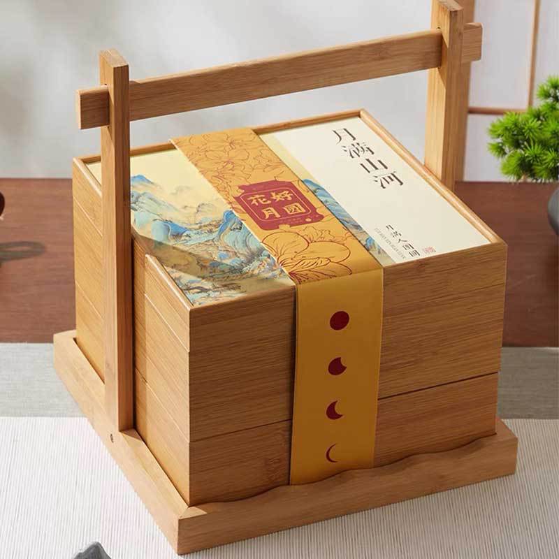 木质手提盒双层木盒复古蛋黄酥包装盒中式提篮食盒新春元旦礼盒