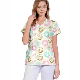 2025外贸跨境新款 爱心图案印花 欧美V领子护士服短袖T恤带侧口袋