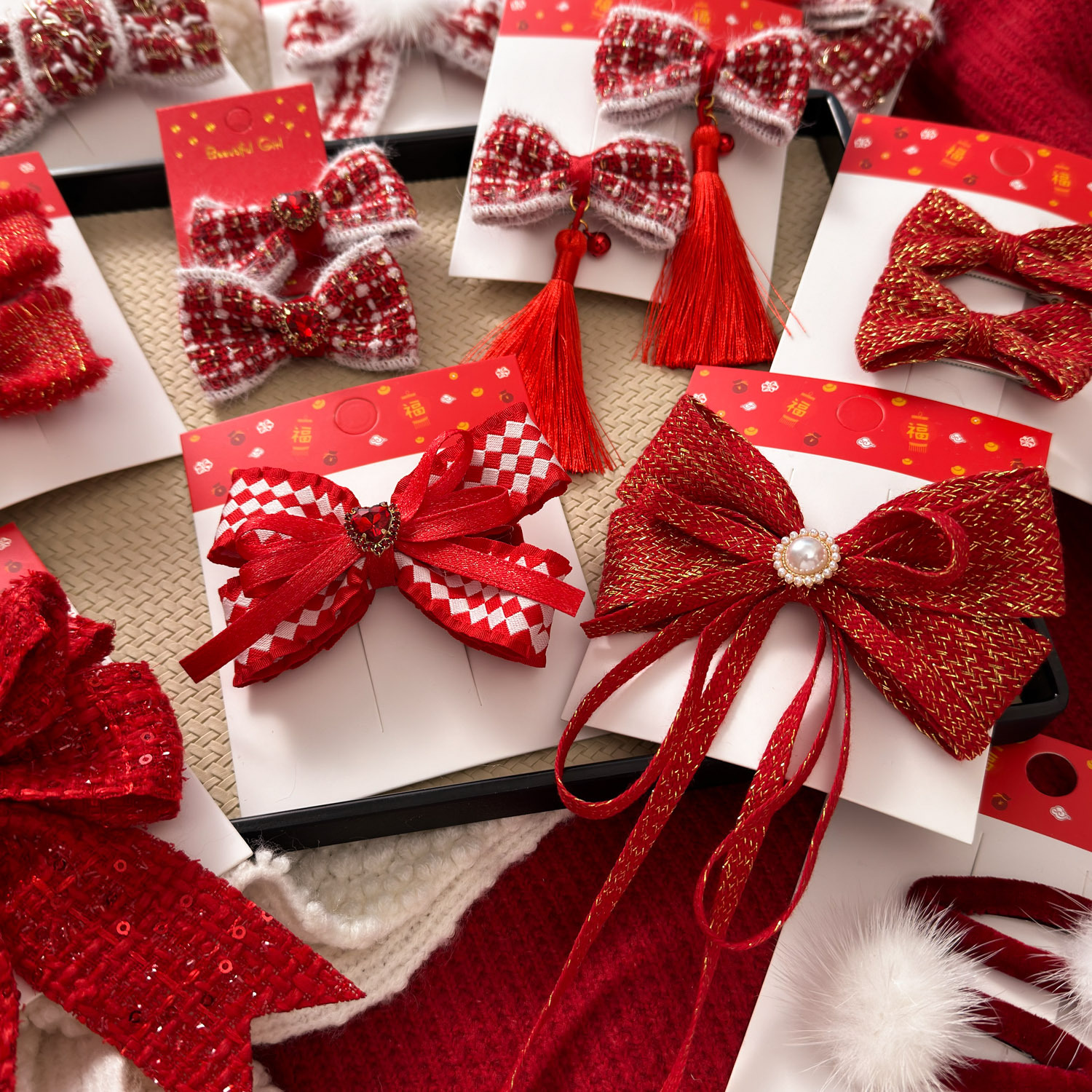 冬季新年大红色织带蝴蝶结儿童发夹新款大红女童国风拜年头饰发卡