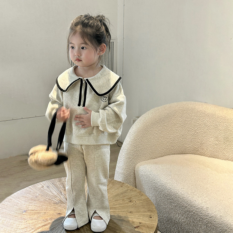 Korean Girls' Rest Suit 2023 Spring Western Style Fashion Baby Doll Collar Sweater Pants Two Pieces
