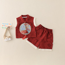 夏季婴儿套装轻薄周岁宝宝红色礼服两件套儿童唐装中国风端午衣服