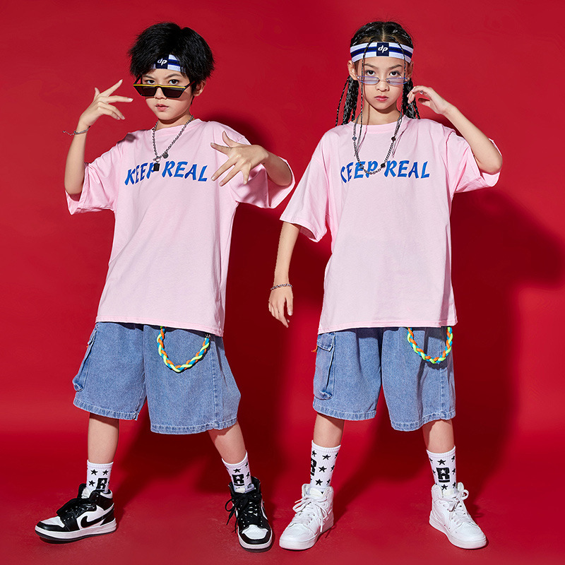 街舞儿童潮服嘻哈夏季宽松短袖少儿hiphop男童潮牌套装女童舞蹈服