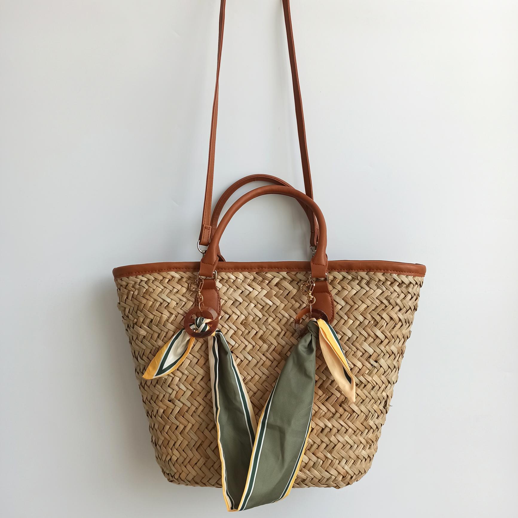 新款复古手提大容量托特包百搭手工草编包丝巾编织包包菜篮子包女