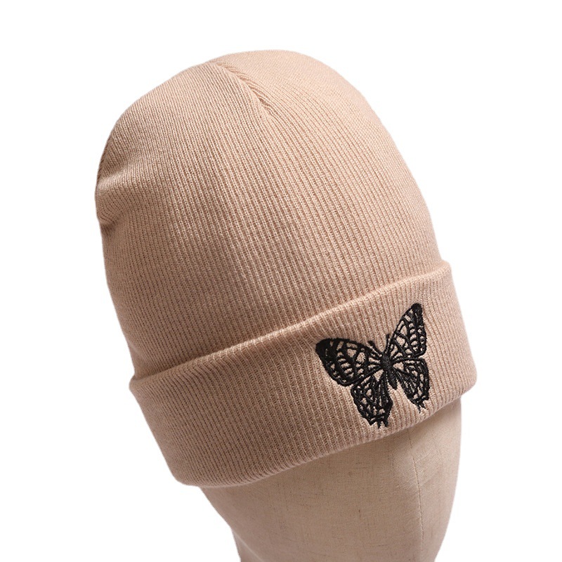 Spring, Autumn and Winter New English Text Knitted Hat Embroidery Warm Fashion Sleeve Cap Solid Color Trend Butterfly Woolen Cap