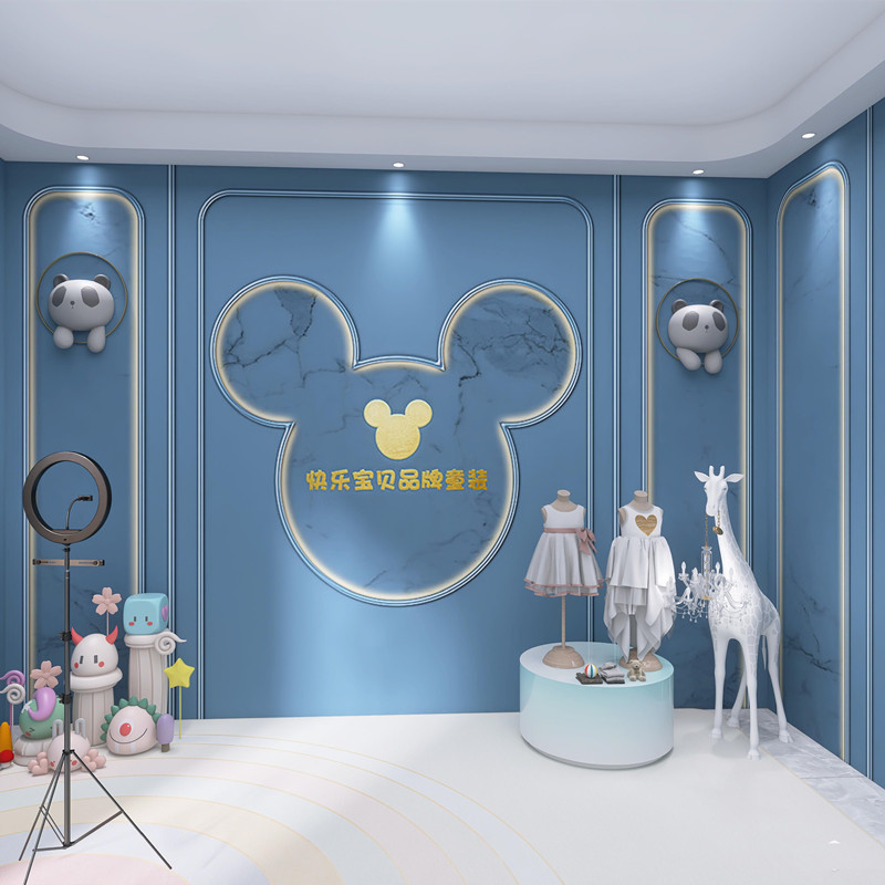 3d母婴店直播带货背景墙壁纸童装服装店直播间墙纸轻奢石膏线墙布