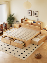 北欧全实木床1米8硬靠背主卧室双人床现代简约原木风可储物床带灯