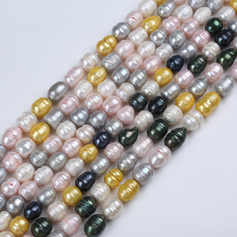 现货染色淡水珍珠串10-11mm天然淡水米珠米形珍珠串diy珍珠饰品