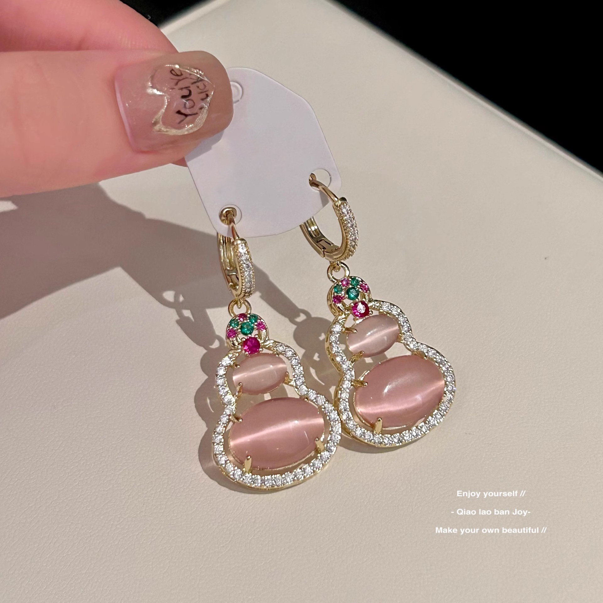 ornament niche high sense shiny diamond-encrusted stud earrings new chinese style antique style pink opal gourd earrings