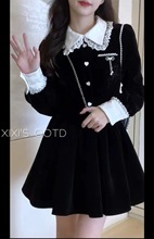 法式赫本风黑色短款连衣裙女2023春秋新款蕾丝拼接设计收腰蓬蓬裙
