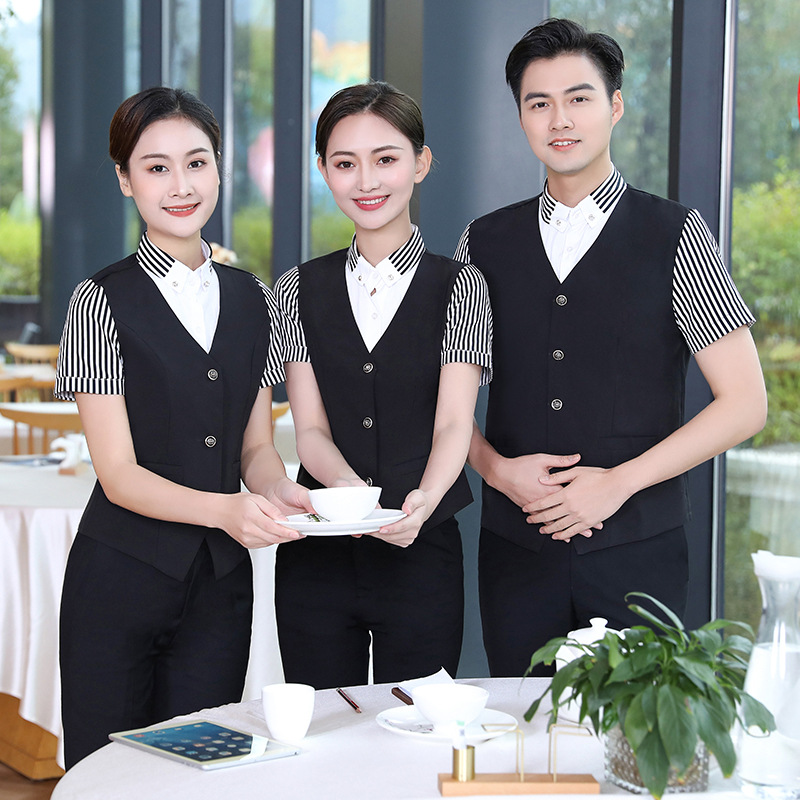 酒店服务员工作服夏装女宾馆前台收银员假两件套咖啡店西餐厅短袖