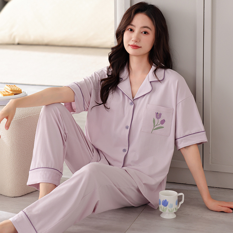 Spring and Summer Suit Pajamas 2024 New Spring and Autumn Long-Sleeved Women's Large Size Cotton Home Wear Can Be Worn outside Women's