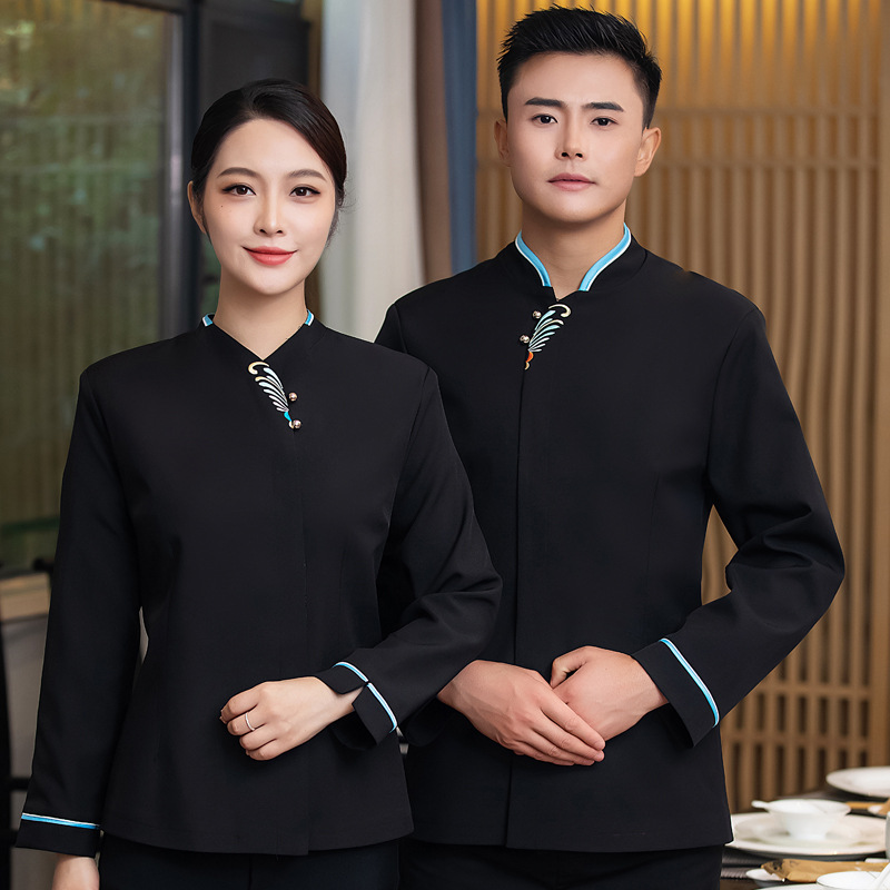 现货中餐厅服务员长袖秋冬装火锅店茶楼工作制服凤尾花刺绣立领