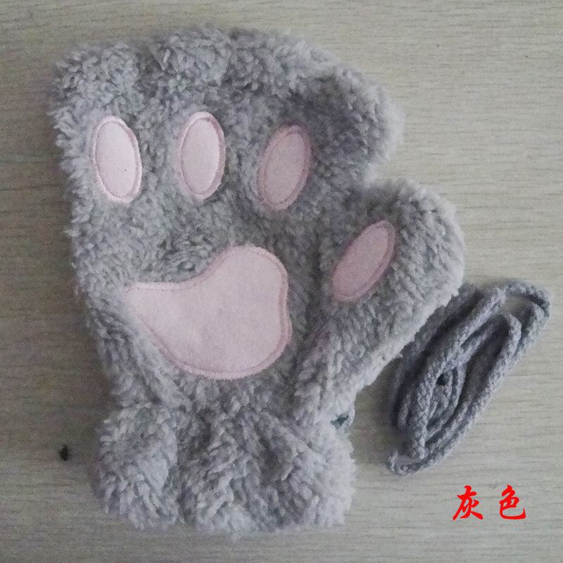 2022 Cat's Paw Gloves Women's Autumn and Winter Korean-Style Cute Girls' Open Finger Thickened Warm Hand-Shaped Brush Plush Half Finger Gloves