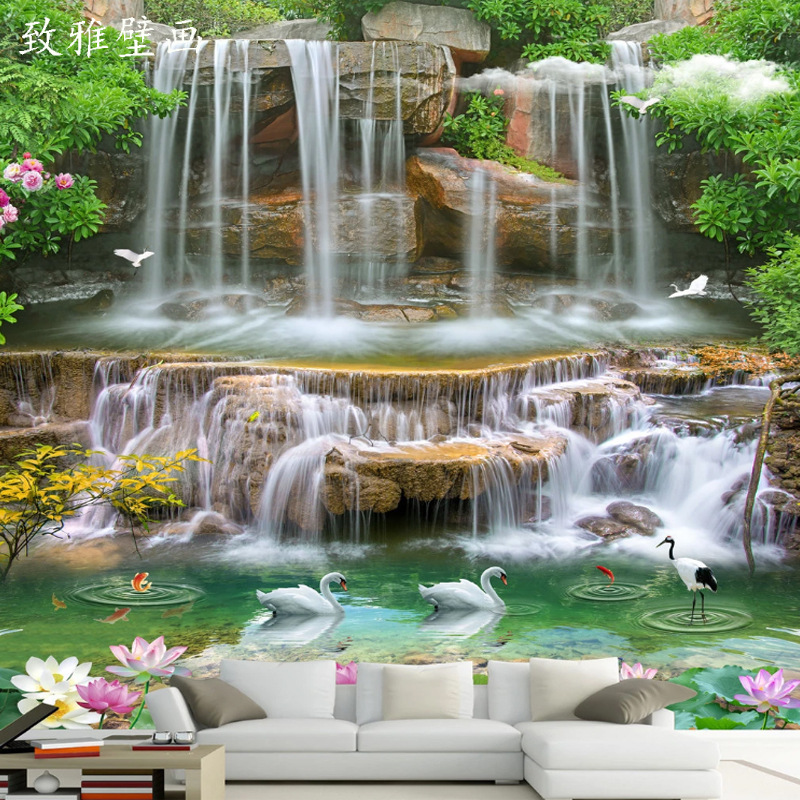 壁纸自粘3d立体客厅背景墙壁画风景画墙贴山水瀑布墙纸卧室自粘画