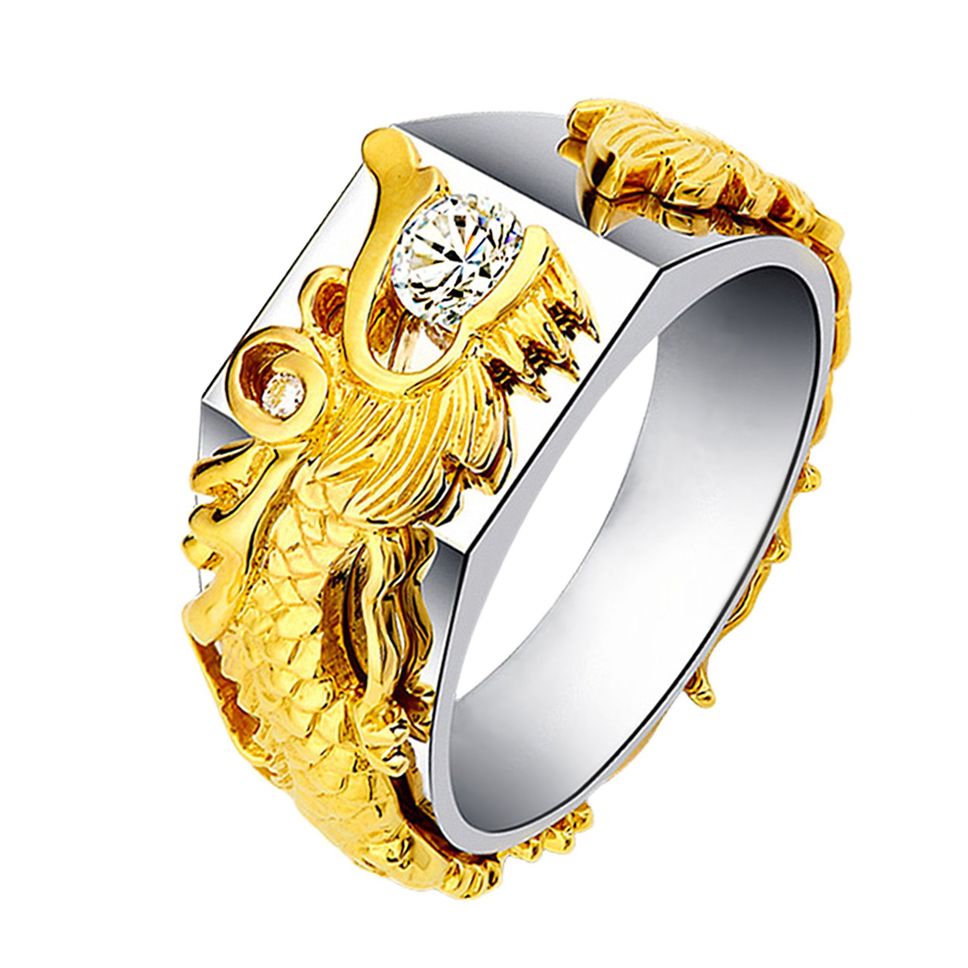 镀黄金分色925龙戒指时尚龙戒霸气男戒指 龙头镶钻戒指生产厂家