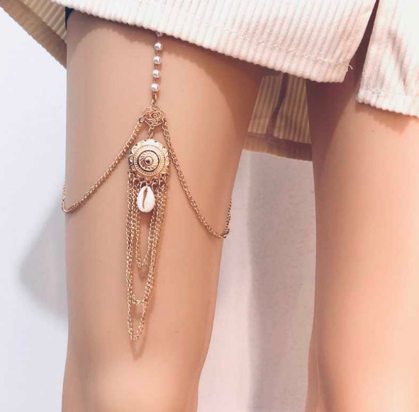 欧美个性长款多层金属贝壳珍珠腿链女创意潮流弹力链条身体链饰品