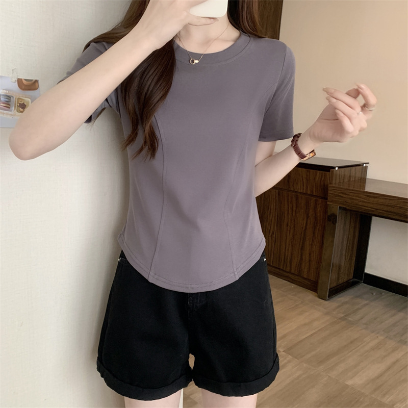 2024 Summer Popular Fishbone Pattern Slim-Fit Short-Sleeved T-shirt Women's Summer Simple Solid Color Inner Wear Half-Sleeve Korean Style Inner Top