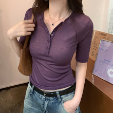 紫色V领短袖t恤女装夏季2024新款欧货修身针织打底衫黑色短款上衣
