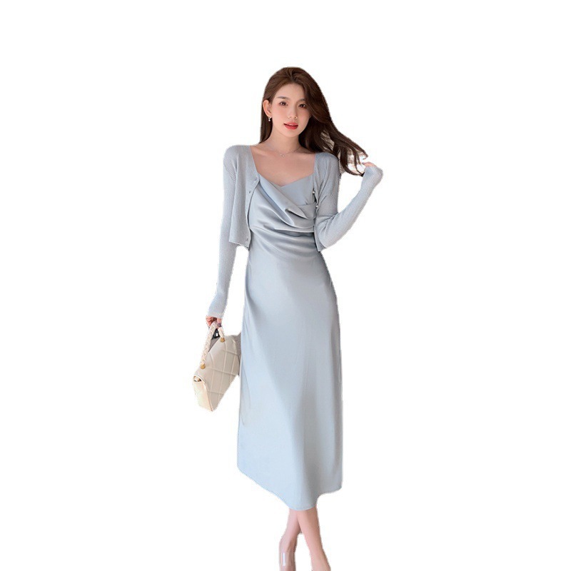 Atmosphere Dress Sneaky Design Acetate Satin Gray Blue Swing Collar Suspender Dress Women's Summer French Dress Ins