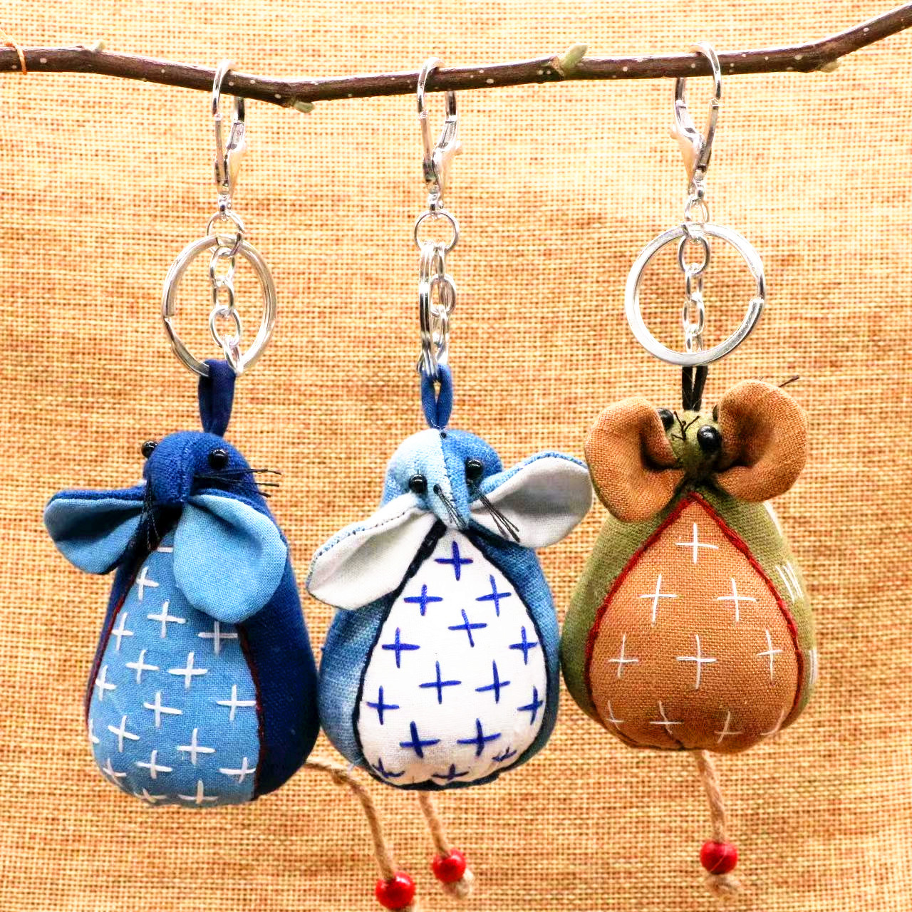 蓝染小老鼠 民族风蓝色布艺钥匙扣包挂汽车挂件手工缝制
