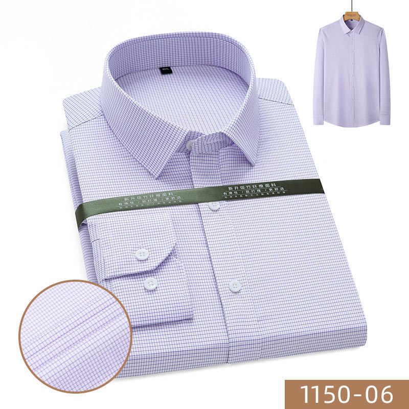 Men's Long-Sleeved Bamboo Fiber Shirt Young and Middle-Aged Slim Fit Square Collar Business Leisure Iron-Free Workwear Striped Shirt Generation Hair