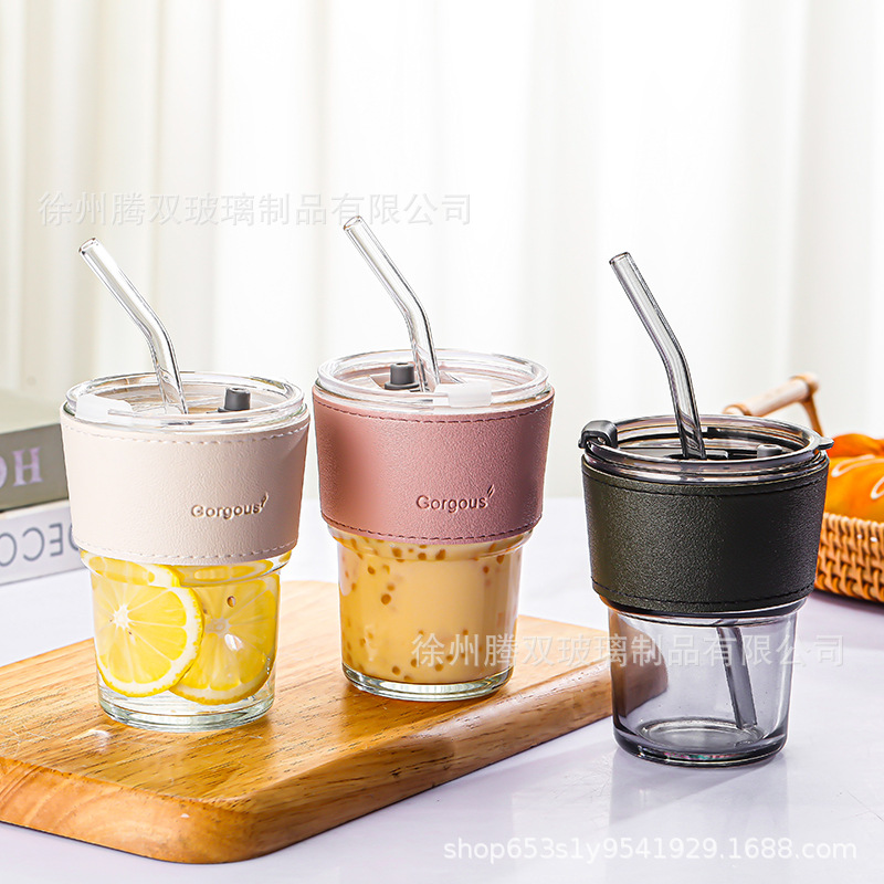 Online Red High-Looking Value Bamboo Joint Cup Ins Portable with Cover Coffee Cup Cup with Straw Creative Office Glass Straw Cup Cup with Straw