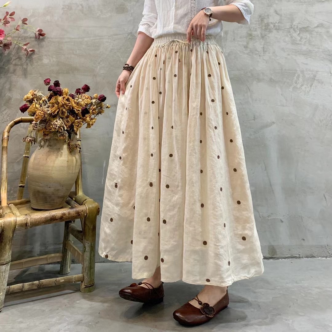 设计师款 波点刺绣高支苎麻半身裙女 春天的仙女裙子 有内衬包边