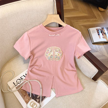 夏季灰粉色穿搭设计感短袖t恤女2024新款新中式轻中国风短款上衣