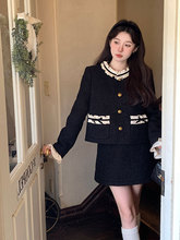 韩版休闲时尚高级感短款羊羔毛外套女显瘦半裙黑色小香风两件套装