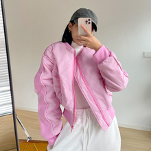 粉色外套女2023春秋季新款立领面包服高腰短款棉衣飞行夹克棒球服