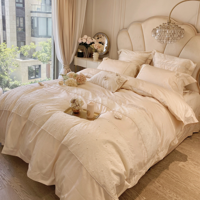 公主风简约100支长绒棉四件套纯棉刺绣珍珠轻奢床上用品-阿里巴巴