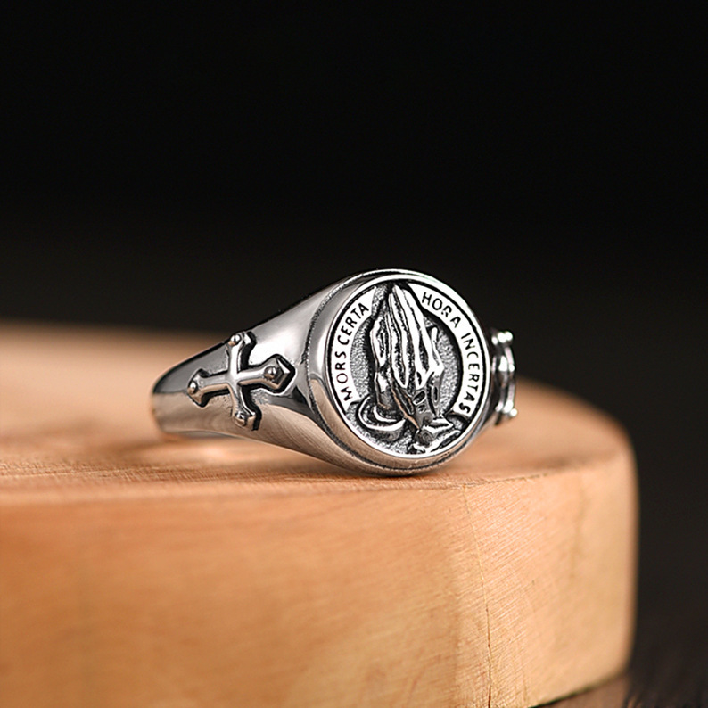 七彩新款式祈祷之手戒指男士潮牌创意复古泰银指环时尚开口可调节