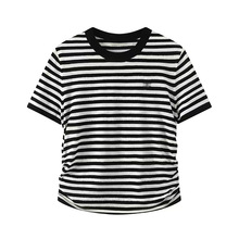 2024夏季新款黑白条纹褶皱收腰短款针织衫T恤女 MBD2SWT002